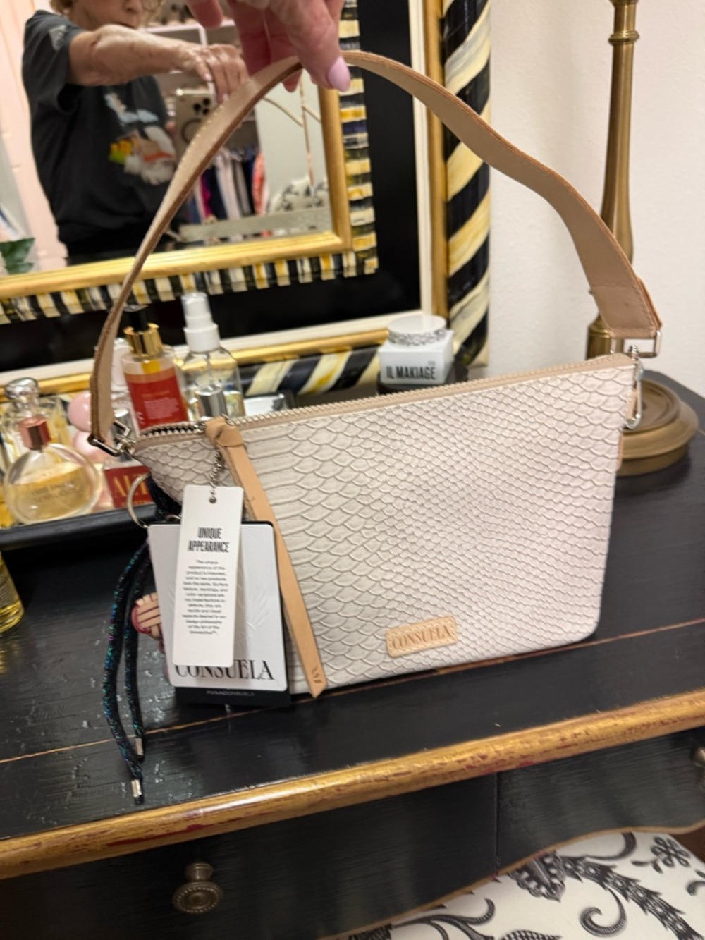 Consuela Cream Textured Shoulder Bag with Tan Strap